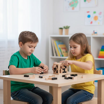 casse tete cube en bois enfants collaborent montage